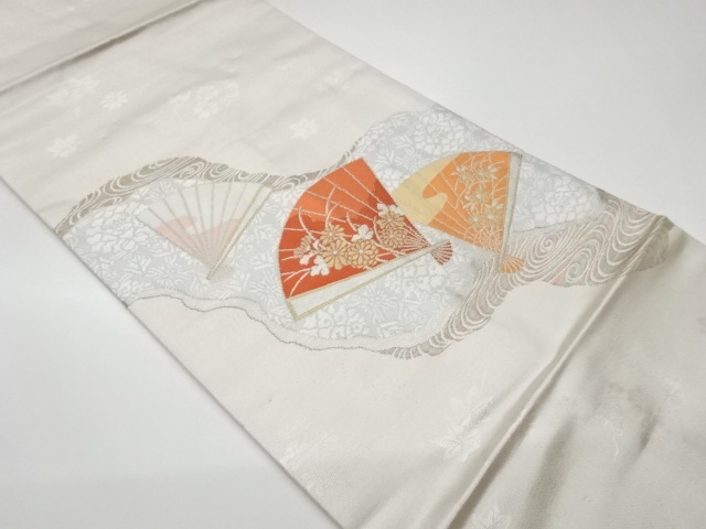 リサイクル　道長取りに扇・花々模様織出し名古屋帯